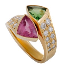 Diamonds and Pink and Green Tourmaline Yellow Gold Bypass Ring