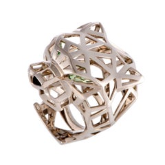 Cartier Panthere Onyx and Peridot Openwork White Gold Panther Head Ring