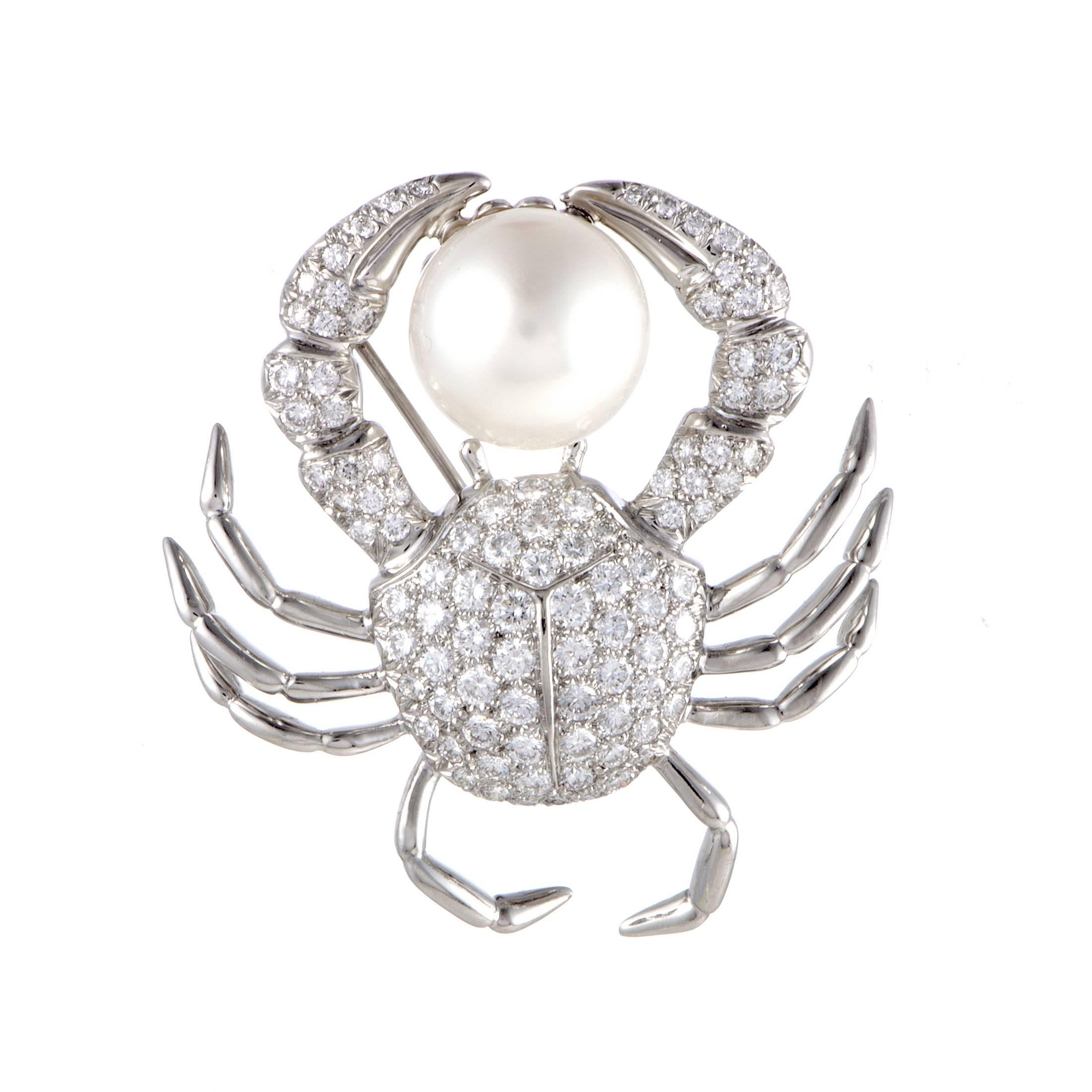 Tiffany & Co. Diamond Pave and White Pearl Platinum Crab Brooch