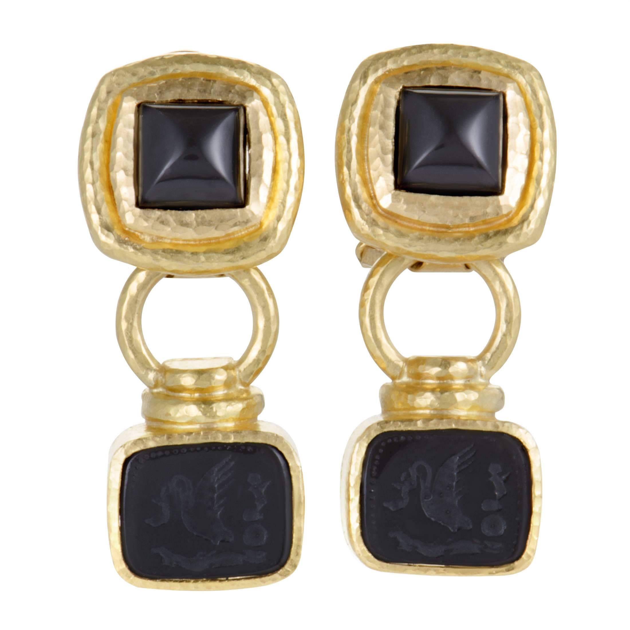 Elizabeth Locke Onyx Intaglio Yellow Gold Dangling Clip-On Earrings