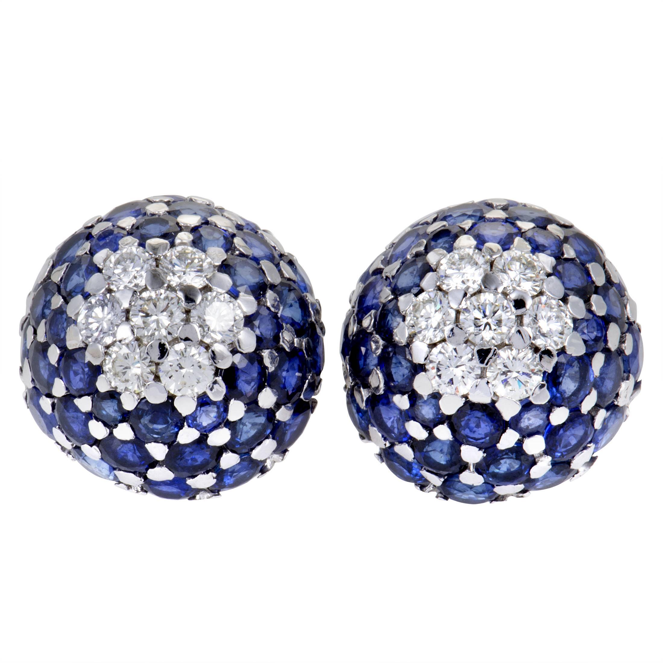 Diamond and Sapphire Pave White Gold Huggie Dome Earrings