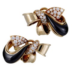 diamond givenchy Givenchy Diamond and Onyx Yellow Gold Bow Clip-On Earrings