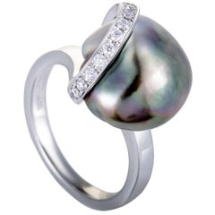 Retro Mikimoto Diamond and Black Pearl Platinum Ring