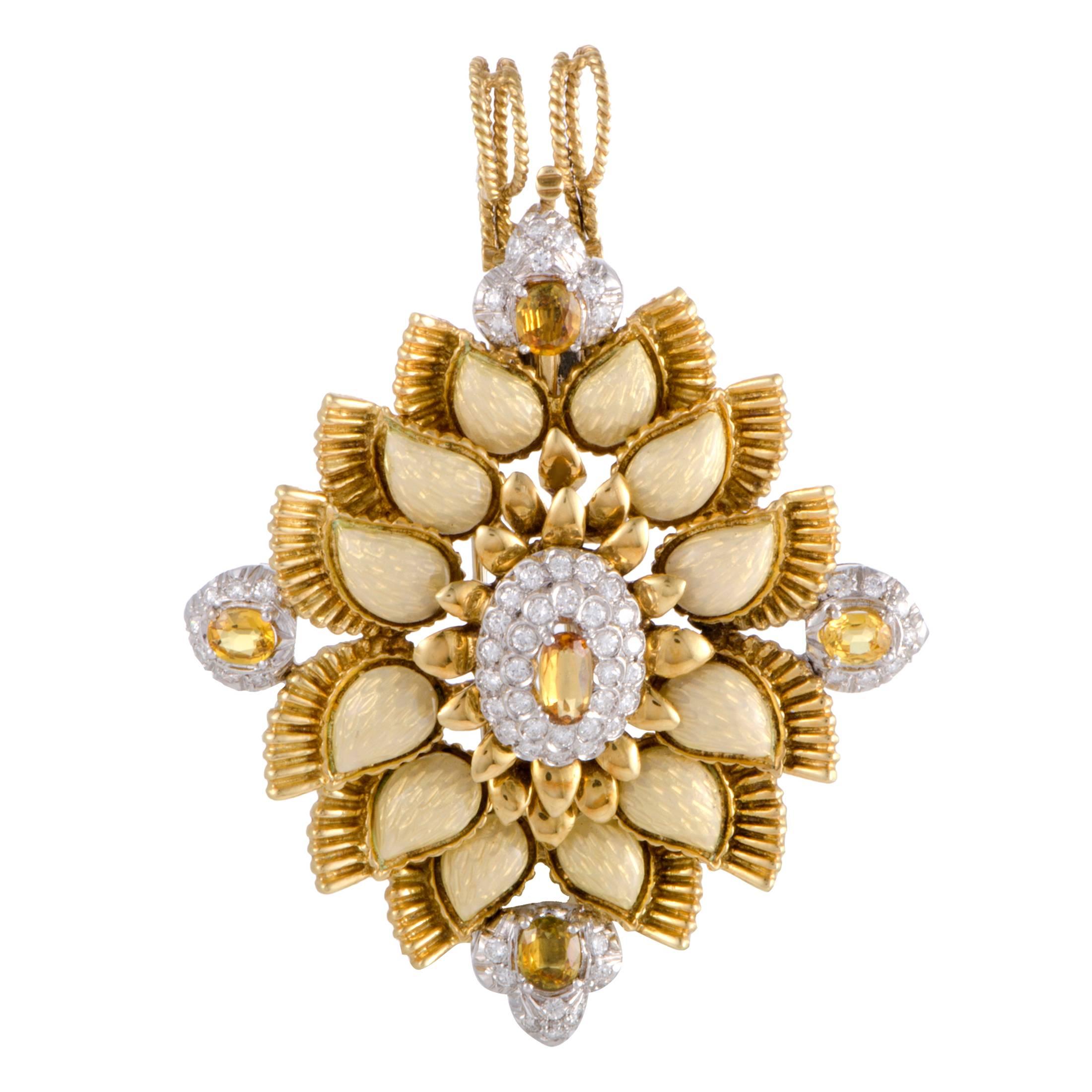 Cartier Diamond and Yellow Sapphire Enameled Gold Pendant or Brooch