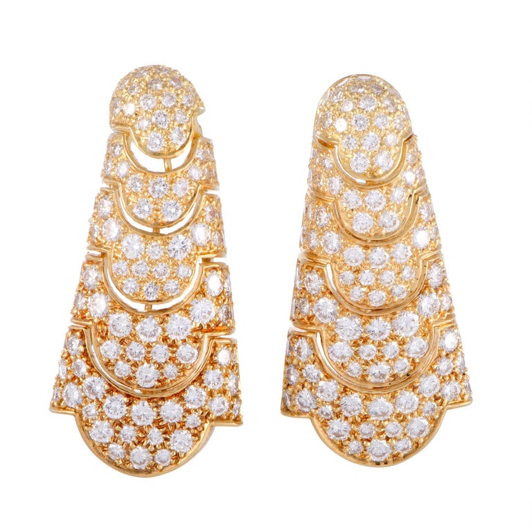 Cartier Full Diamond Pave Vintage Yellow Gold Drop Earrings For Sale at