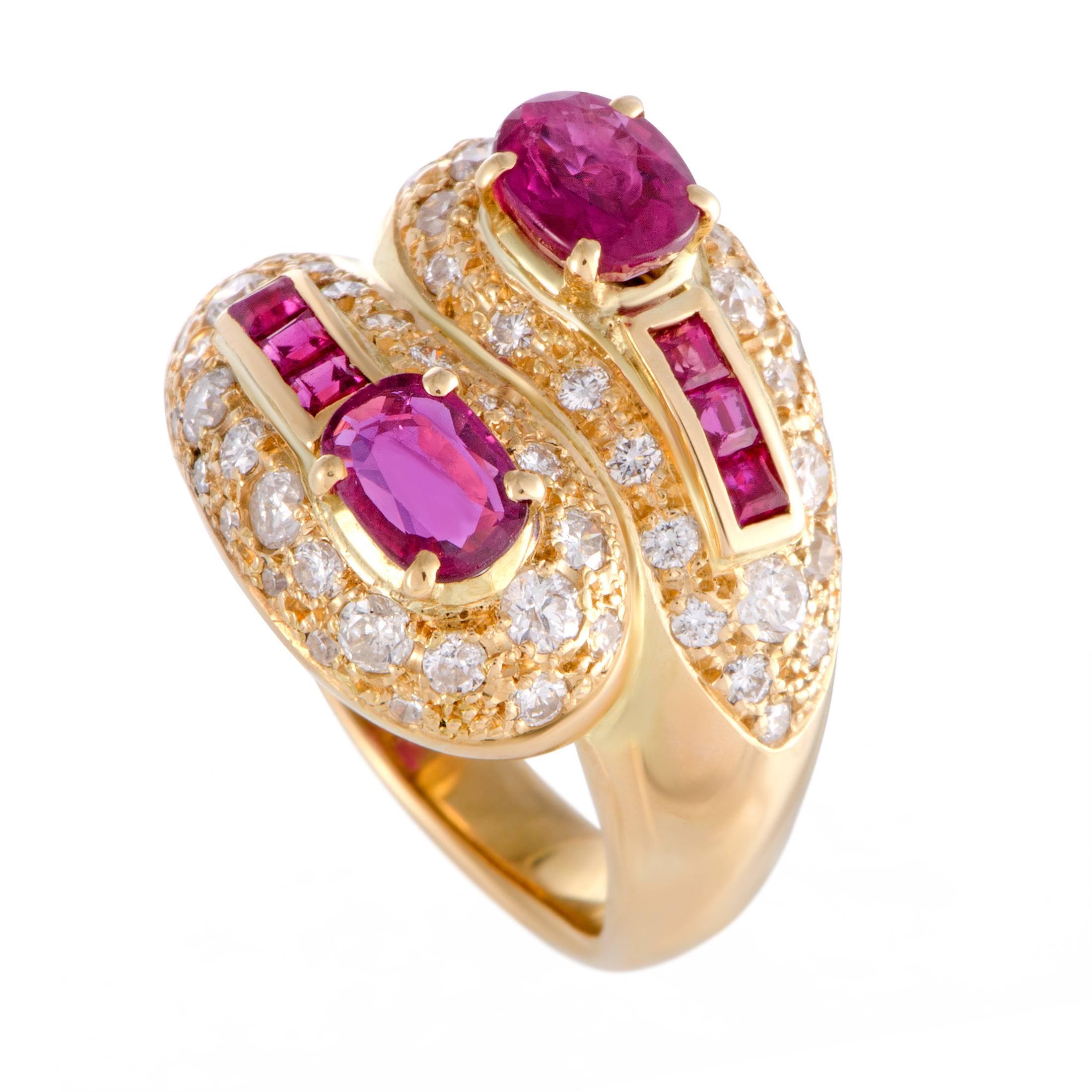 Diamond and Ruby Yellow Gold Bypass Band Ring