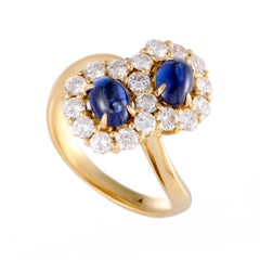 Diamond and Sapphire Flowers Yellow Gold Ring