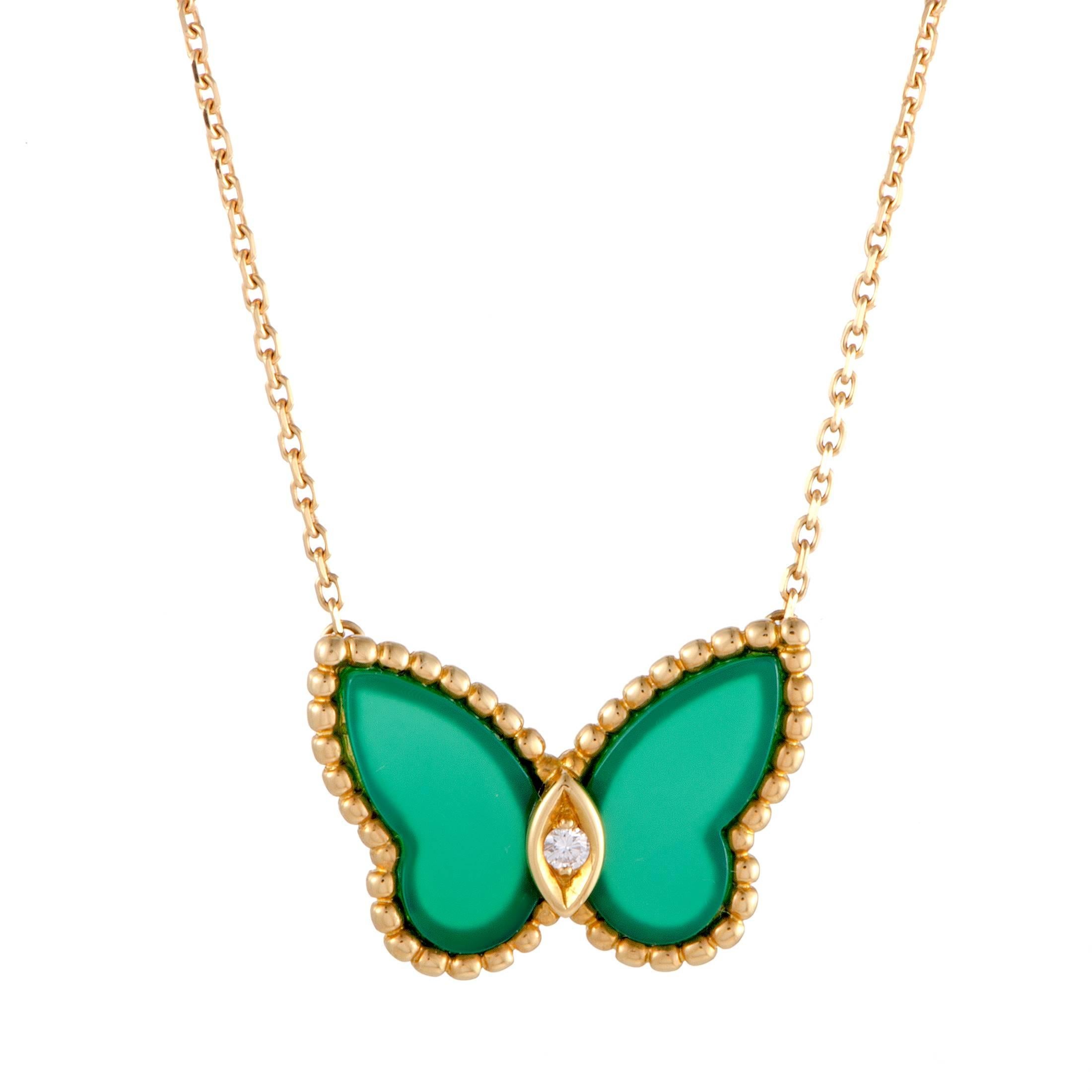 Van Cleef & Arpels Diamond and Green Chalcedony Butterfly Gold Pendant Necklace