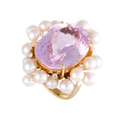 Vintage Diamond Kunzite and Pearl Gold Cocktail Ring