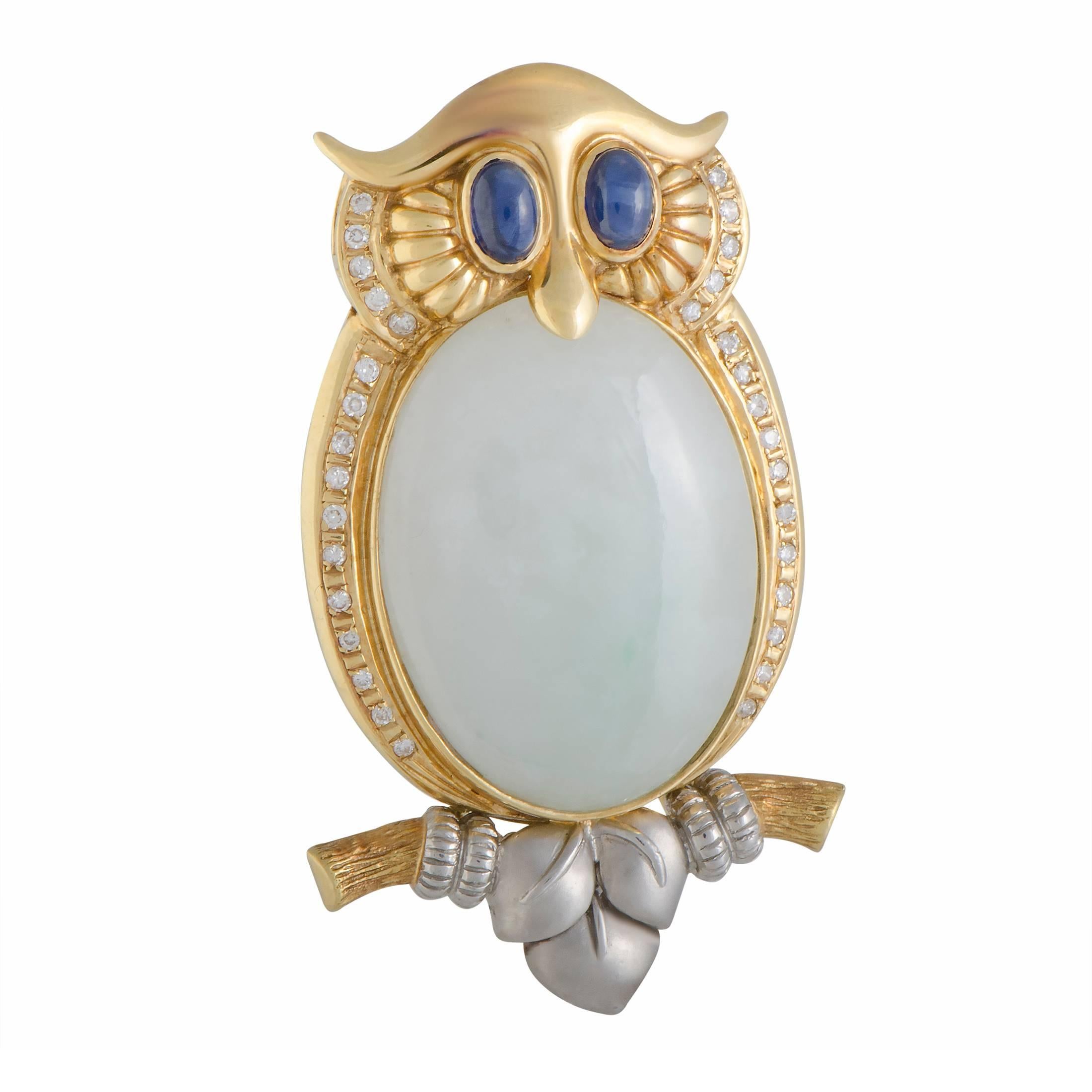 Diamond Sapphire and White Jade Owl Gold Pendant or Brooch