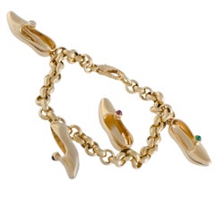 Vintage Mauboussin Multi Gemstone Dainty Slipper Gold Charm Bracelet