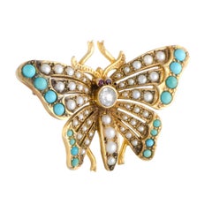 Diamond Pearl and Turquoise Gold Butterfly Brooch