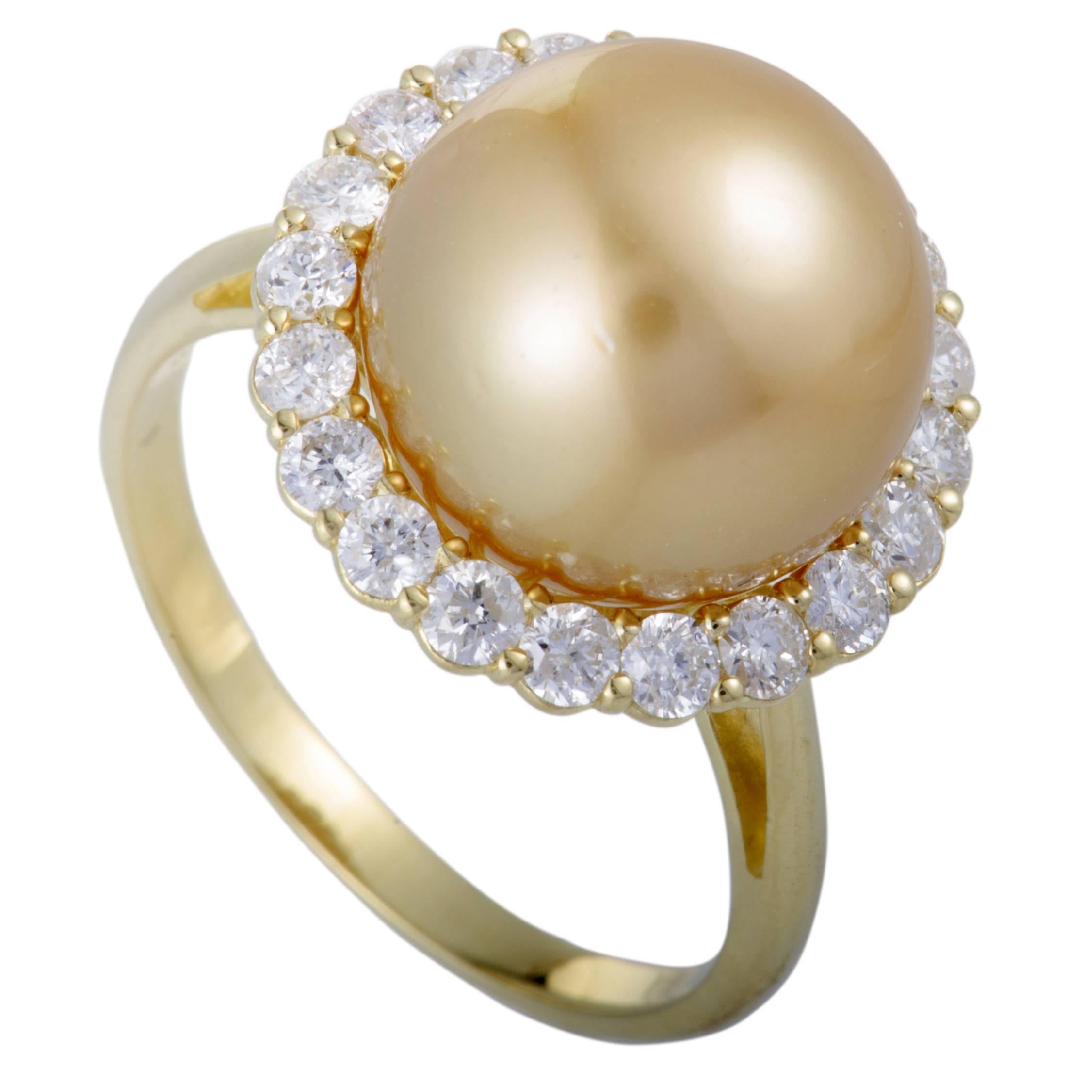 Diamonds and Golden Pearl Yellow Gold Ring