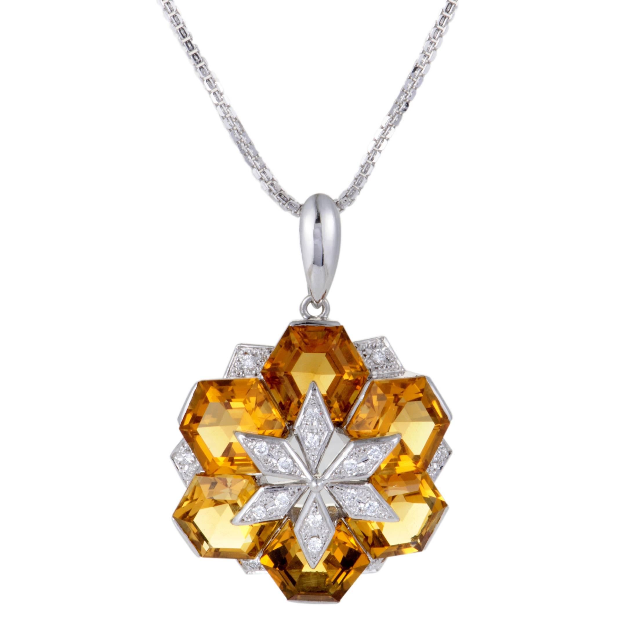 Diamond and Citrine Flower Pendant White Gold Necklace