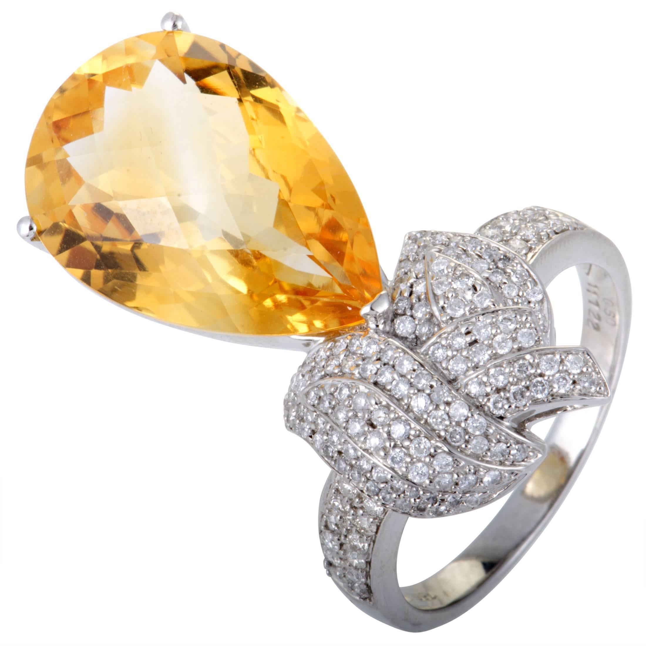 Diamond Pave Pear Shaped Citrine White Gold Cocktail Ring