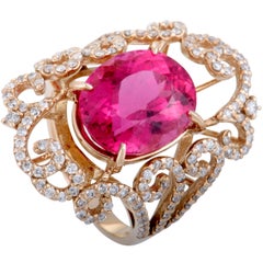 Vintage Full Diamond Pave and Pink Tourmaline Rose Gold Cocktail Ring
