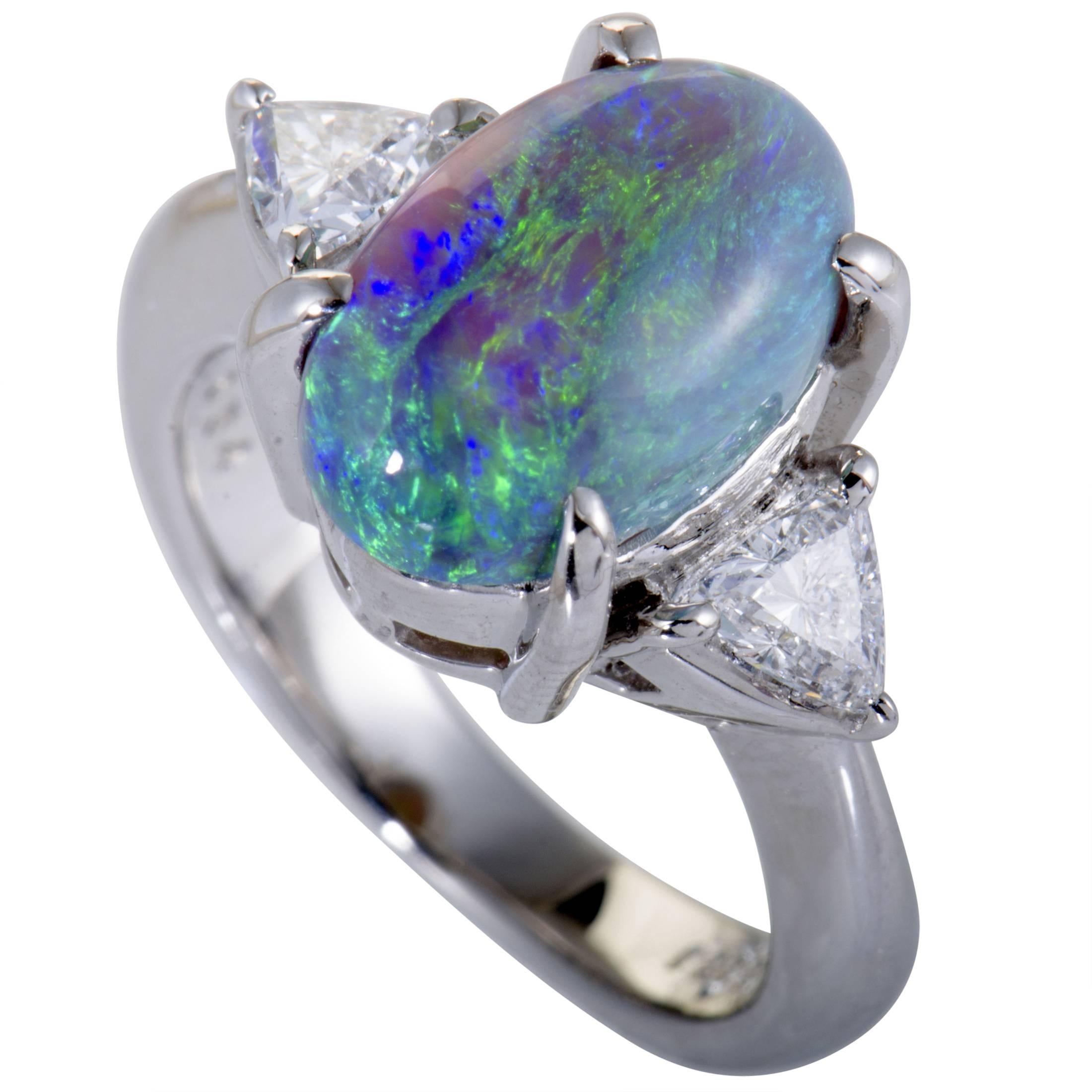 Trillion Cut Diamonds and Green Opal Platinum Ring