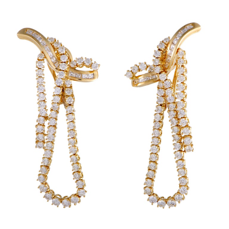 Diamond Yellow Gold Drop Omega Back Earrings For At 1stdibs Diamond Yellow Gold Drop Omega Back Earrings For