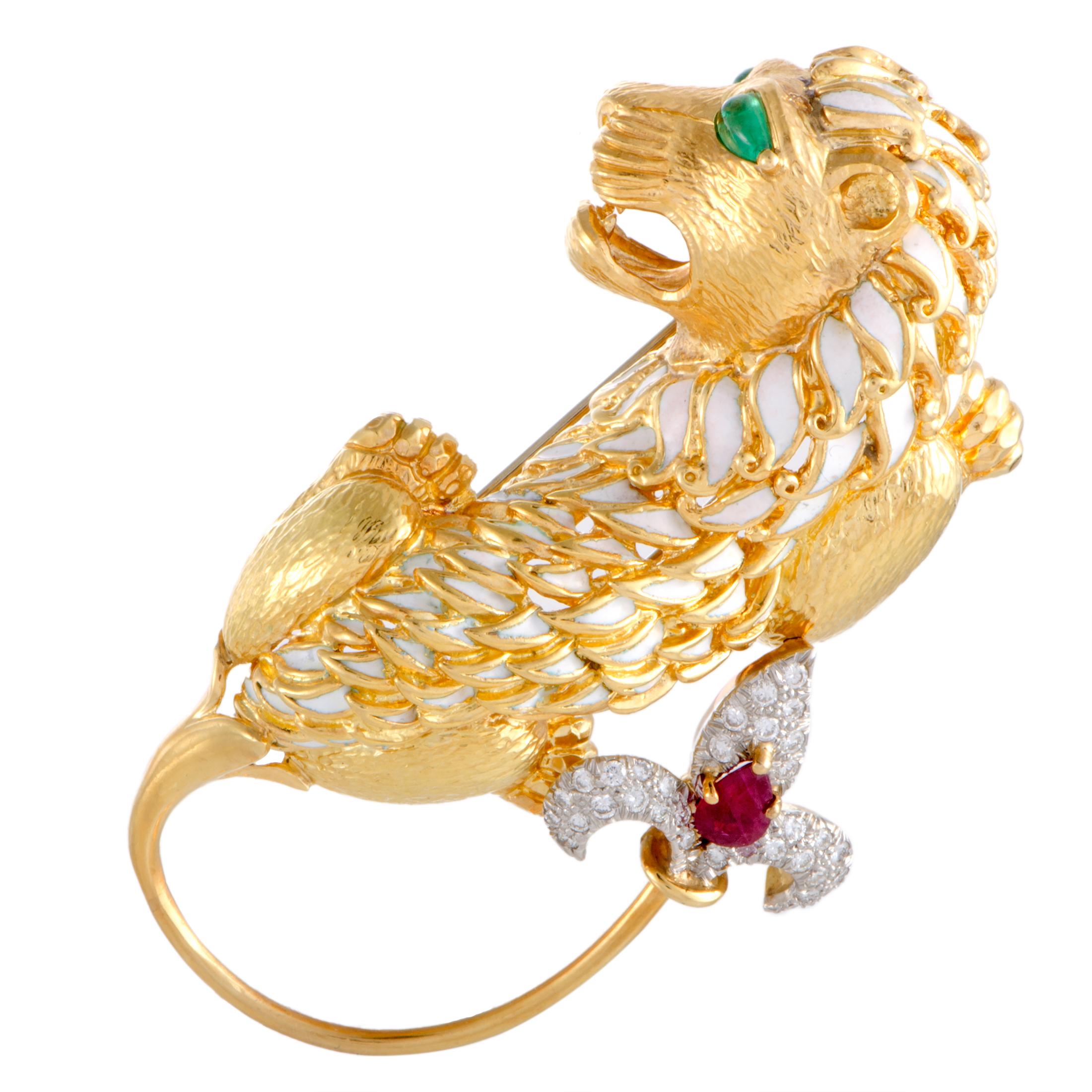 David Webb 18K Yellow Gold & Platinum Diamond Ruby & Emerald Enamel Lion Brooch