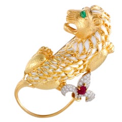 Vintage David Webb 18K Yellow Gold & Platinum Diamond Ruby & Emerald Enamel Lion Brooch