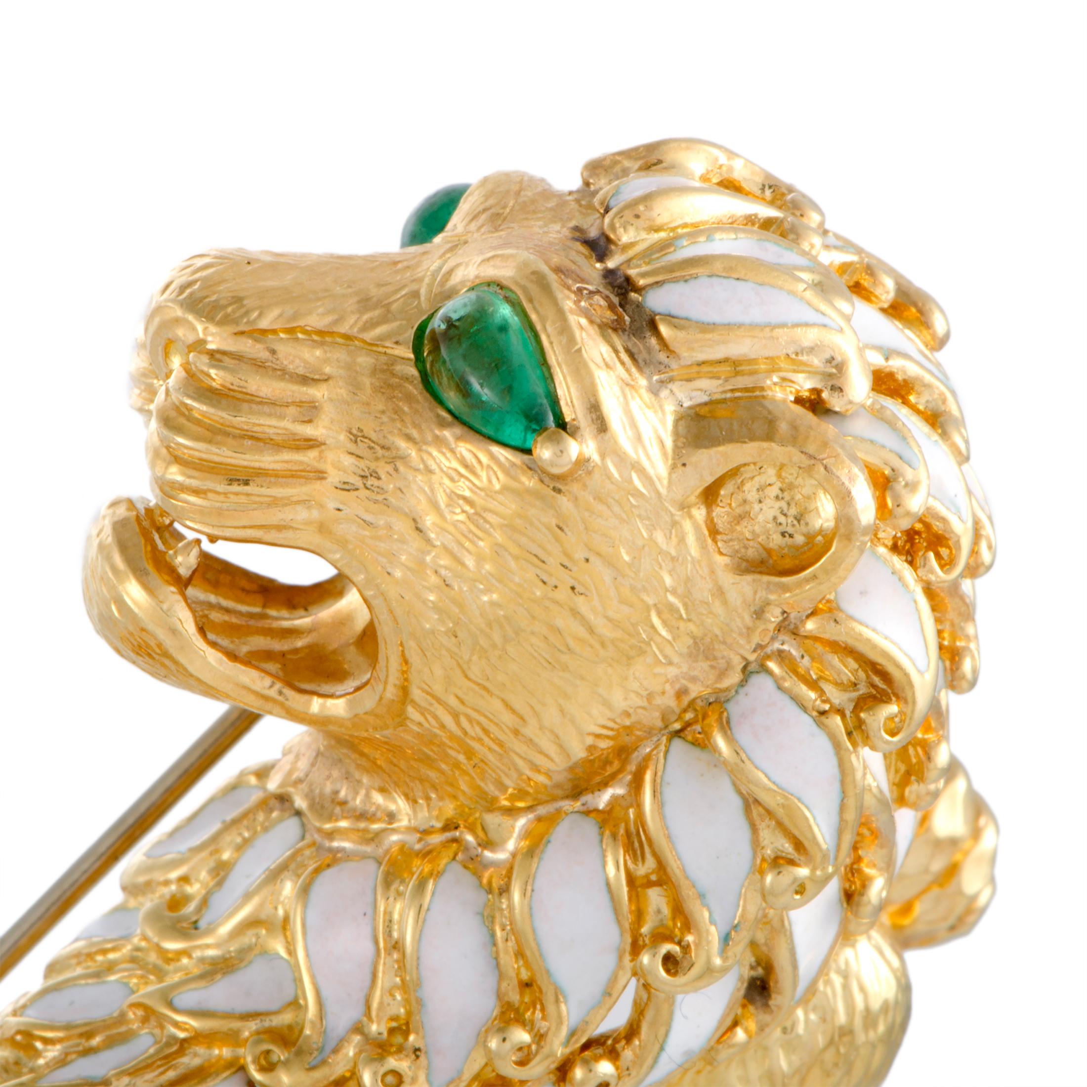 David Webb 18K Yellow Gold & Platinum Diamond Ruby & Emerald Enamel Lion Brooch In Excellent Condition In Southampton, PA