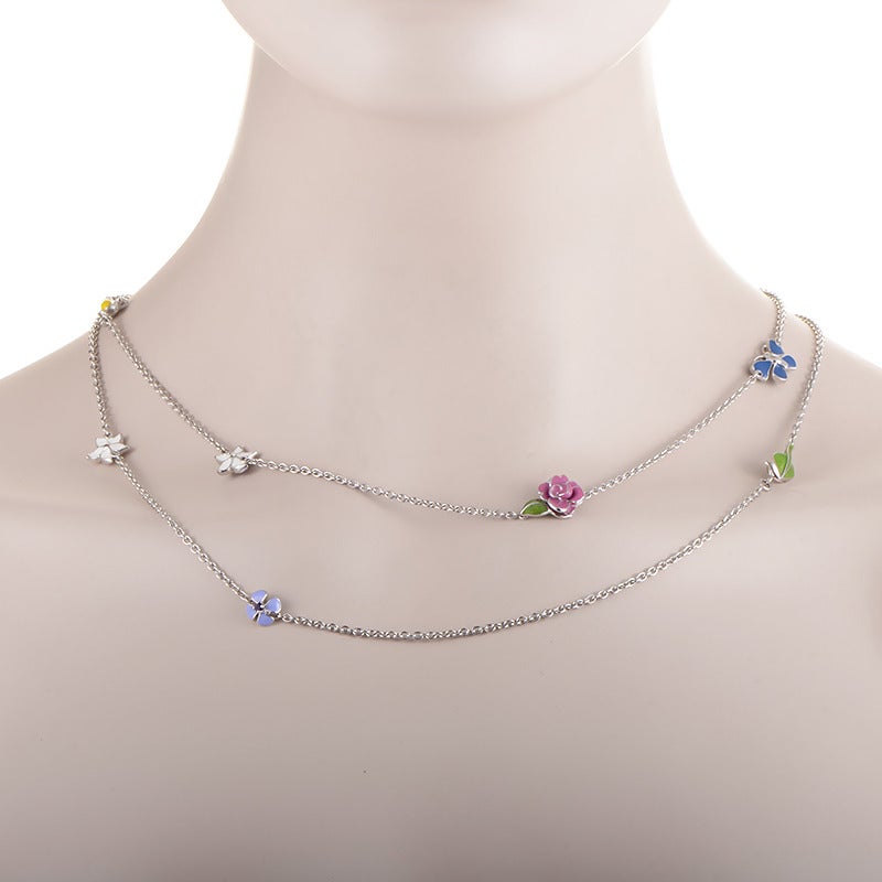 A lovely girly necklace designed for Dior’s delightful Diorette collection, made of stylish 18K white gold, boasting colorful nature-inspired elements. The necklace features a drop of 21.5 inches and weighs 32 grams.

Included Items:
