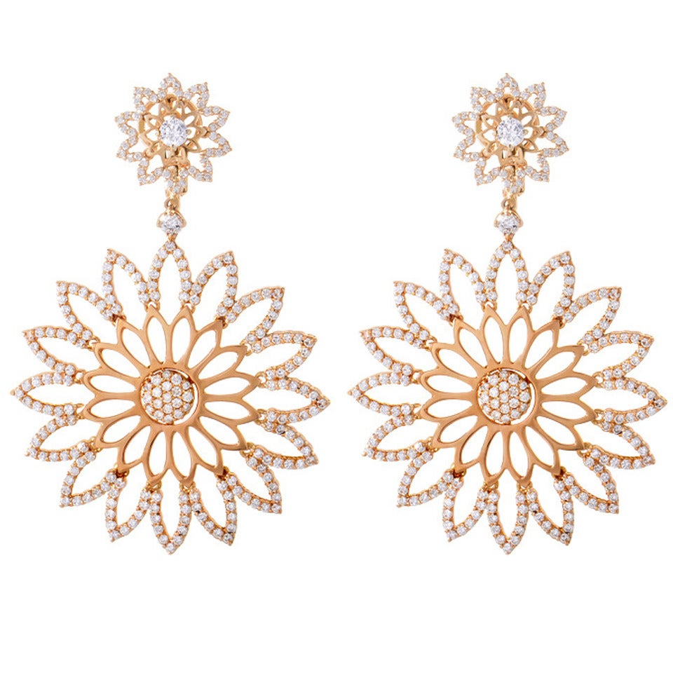 Crivelli Diamond Rose Gold Openwork Flower Dangle Earrings