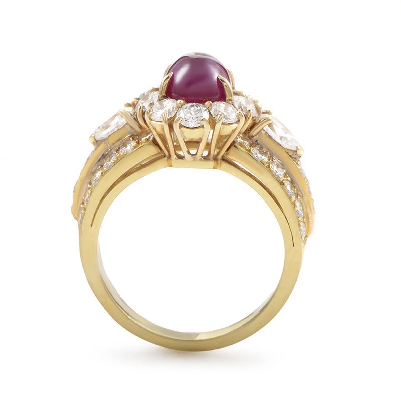 Attractive and extravagant ring from Van Cleef & Arpels made of esteemed 18K yellow gold, lavishly decorated with gorgeous diamond stones totaling 1.90 carats accompanied with a gorgeous ruby center stone weighing 1.60 carats.
Ring Size: 5.75 (50