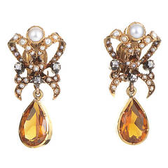 Citrine Pearl Diamond Gold Drop Earrings