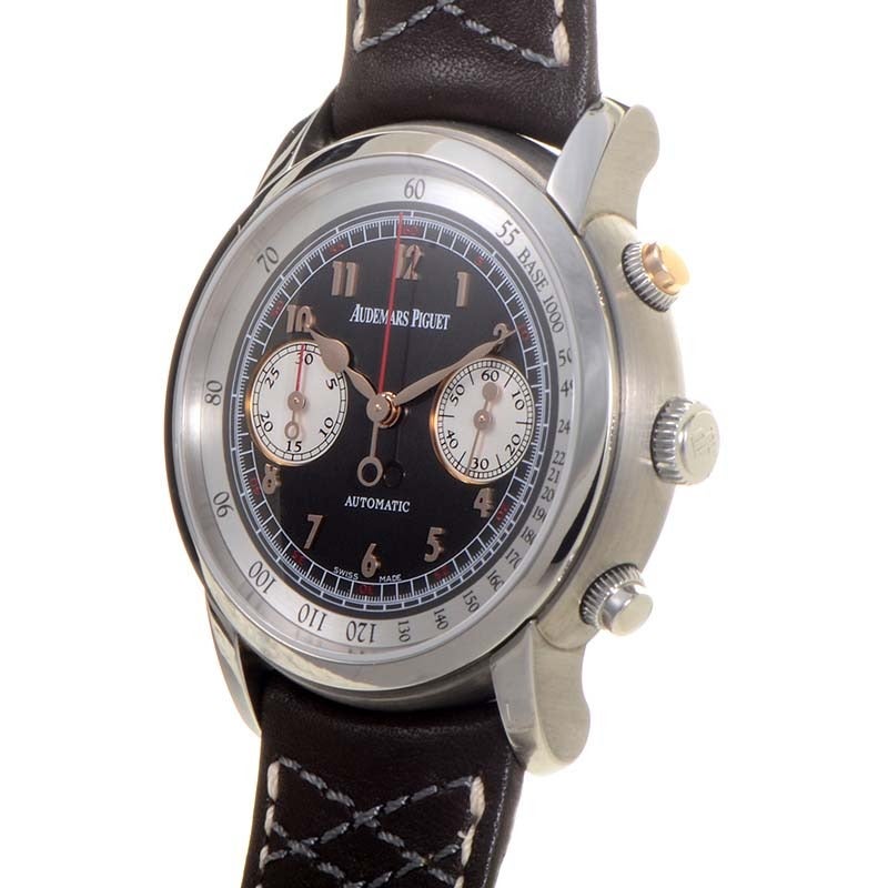 Audemars Piguet gents' titanium wristwatch with matching bezel on a brown leather strap. Watch displays indication of hours, minutes, seconds, chronograph, small seconds and tachymeter on a brown-green dial.