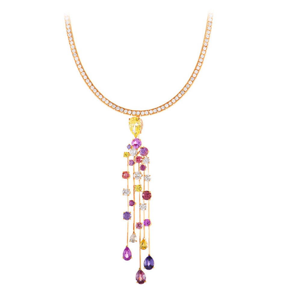 Chanel La Pluie Rose Gold Cascading Diamond and Sapphire Necklace