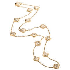 Retro Van Cleef & Arpels Yellow Gold Diamond Pave 14 Motif Alhambra Necklace