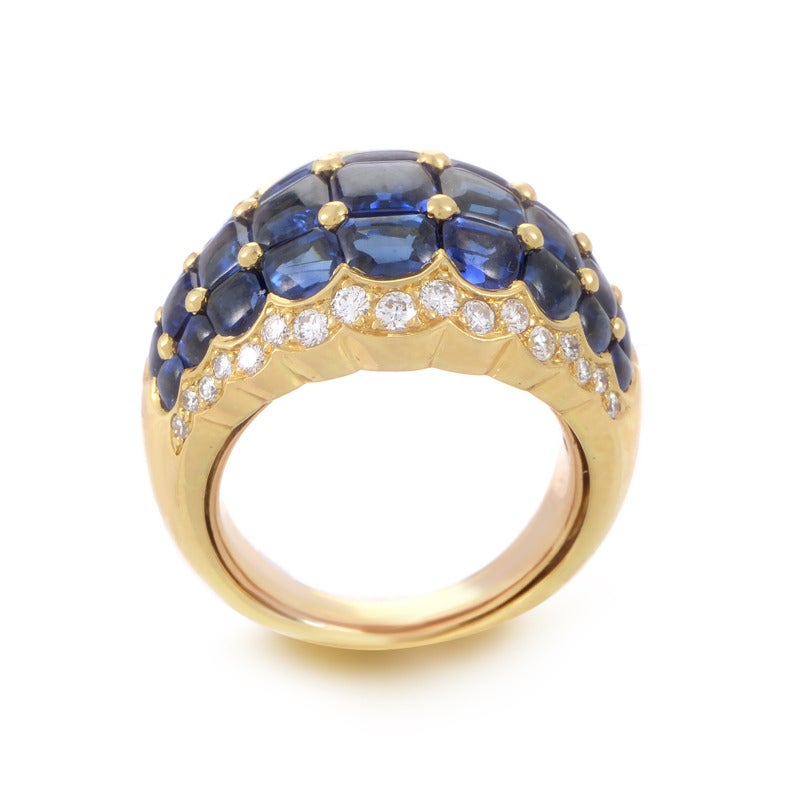With the smooth 18K yellow gold body embellished with 0.75ct of subtle diamonds and amazing sapphire stones totaling 6.75 carats, the top of this majestic ring from Piaget is reminiscent of exoskeleton found on crocodile back.
Ring Size:6.5 (52 3/4)