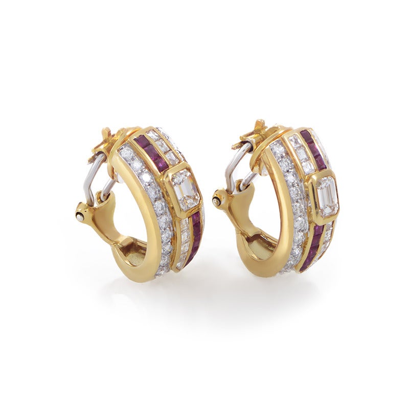 A sparkling, dazzling appearance of these magnificent 18K yellow gold earrings is accomplished with 0.80ct of rubies and 3.20 carats of glossy diamonds arranged in striking fashion.

Center Stones: 1.20 carats 
Other Diamonds: 2.00 carats