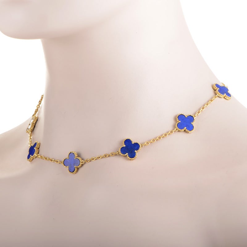 This remarkable piece from Van Cleef & Arpels achieves elegant, classy appearance thanks to the wonderful combination of sophisticated 18K yellow gold and striking lapis stones. The necklace weighs 24 grams and is 17.50 inches long.

Approximate