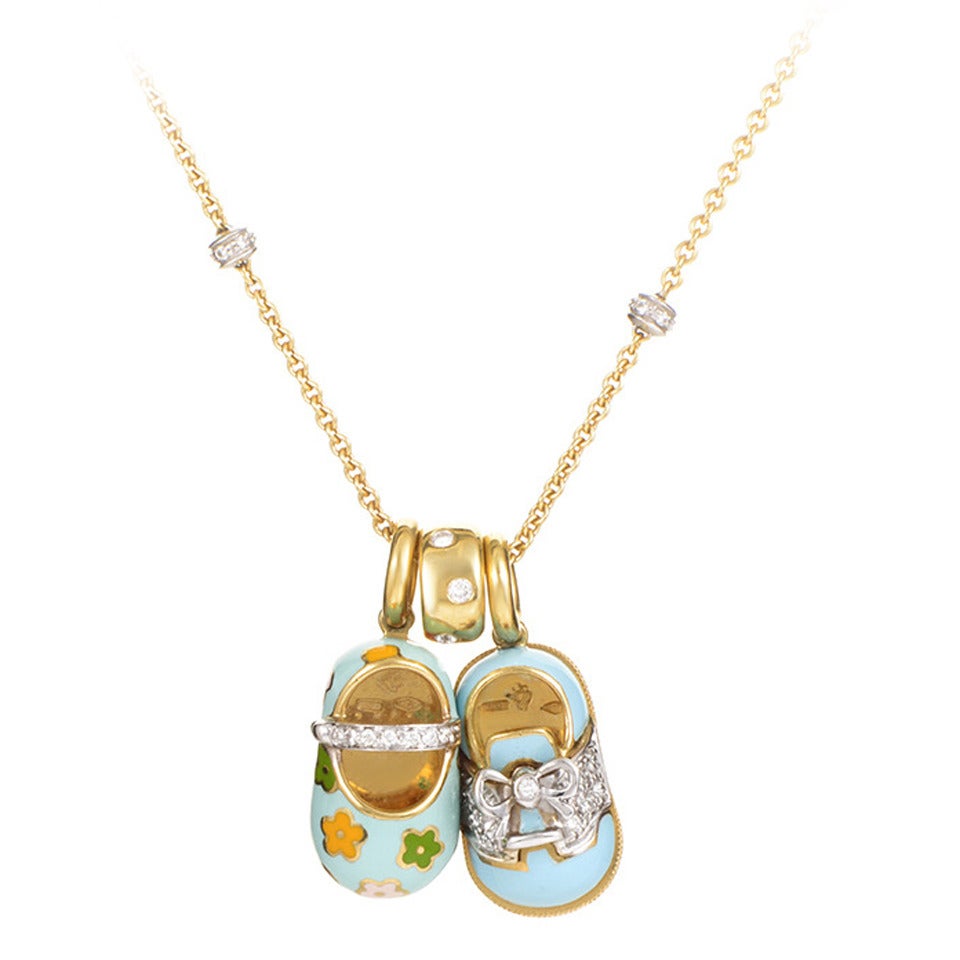 Aaron Basha Diamond Gold Baby Shoe Charm Necklace