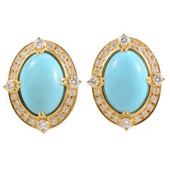 Retro Mikimoto Yellow Gold Turquoise and Diamond Earrings