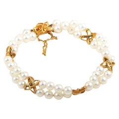 Retro Mikimoto Infinity Knot Two Row Akoya Pearl Gold Bracelet