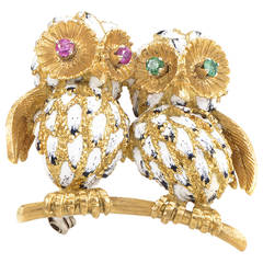 Precious Gemstone Gold Owls Brooch