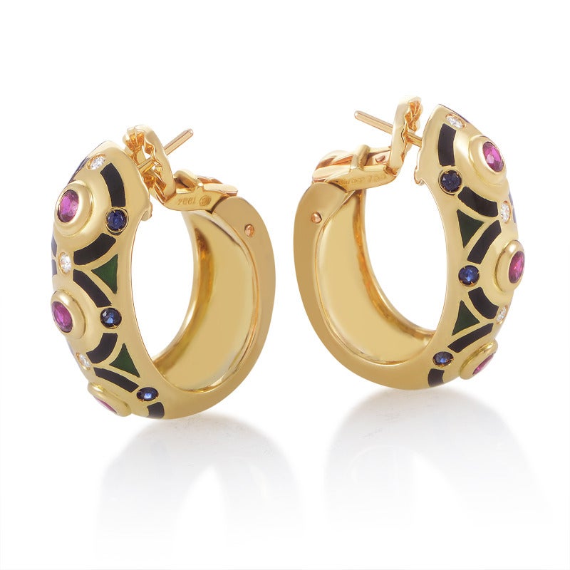 Cartier Enamel Sapphire Ruby Diamond Gold Hoop Earrings
