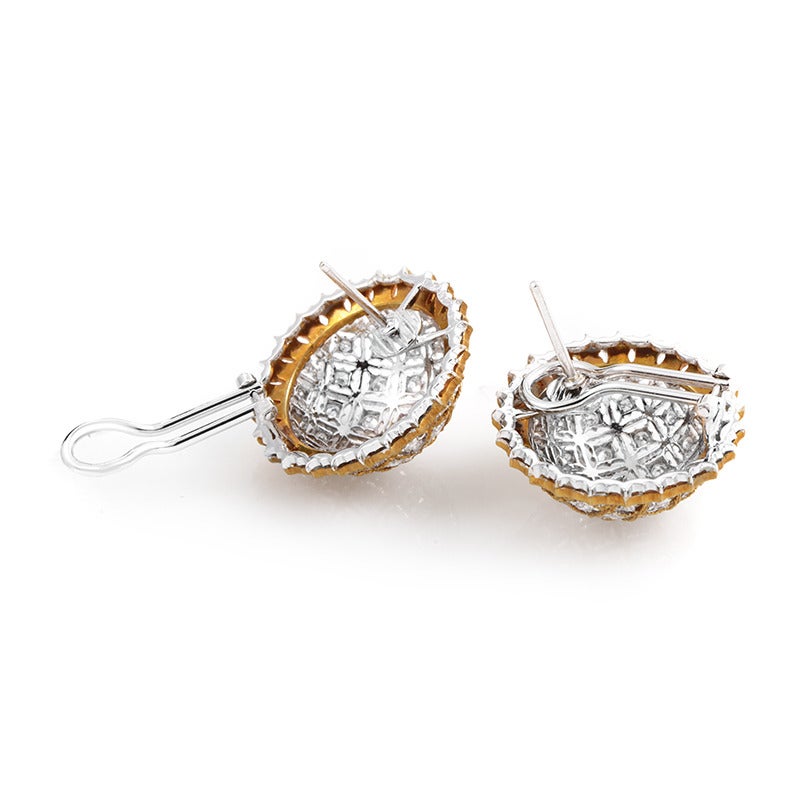 Buccellati is renowned for their graceful and tastefully elegant designs that are always timeless. This pair of earrings from the brand are made of 18K white gold set with a pave of ~1.35ct of diamonds. Lastly, a yellow gold lattice design completes