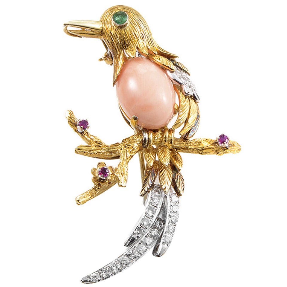 Gemstone Multicolor Gold Bird Brooch