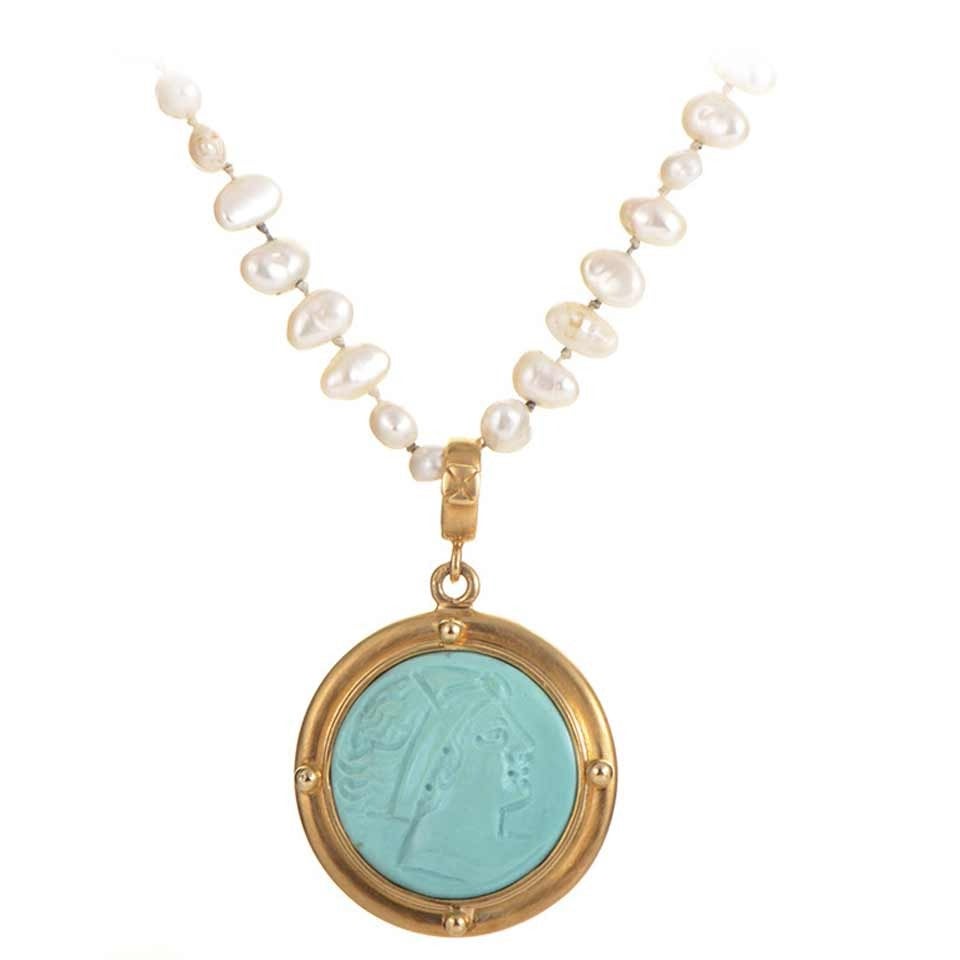 Elizabeth Locke Pearl Turquoise Gold Pendant Necklace at 1stDibs
