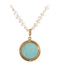 Elizabeth Locke Pearl Turquoise Gold Pendant Necklace