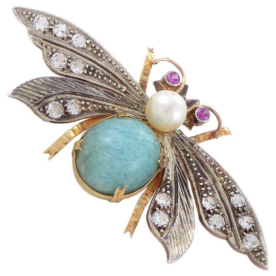 Gemstone Silver Gold Moth Brooch