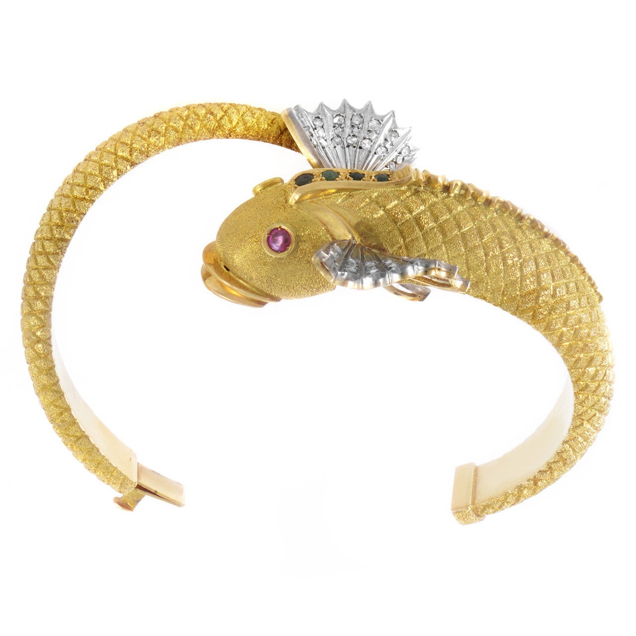 Ruby Emerald Diamond Multicolor Gold Fish Bangle Bracelet at 1stDibs