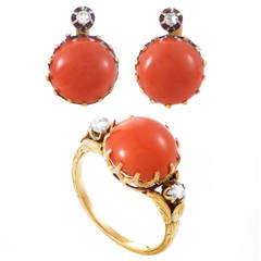 Coral Diamond Gold Earring and Ring Jewelry Set