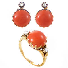 Coral Diamond Gold Earring and Ring Jewelry Set Coral Diamond Gold Earring and Ring Jewelry Set