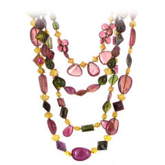Green and Pink Tourmaline Bead Gold Necklace