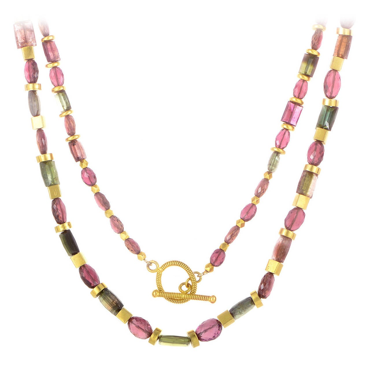 Green and Pink Tourmaline Gold Toggle Necklace